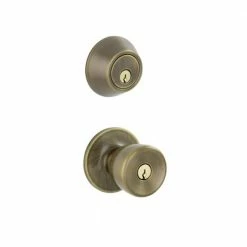 New β ESSENTIALS by Schlage Antique Brass Single Cylinder Deadbolt and Brill Entry Door Knob Combo Pack π₯°