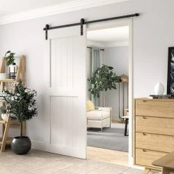Promo ⭐ WINSOON 6 ft. Frosted Black Strap Sliding Barn Door Track Hardware Kit for Single Wood Door with Non-Routed Floor Guide 🔔 -Premier Lock Sales frosted black winsoon barn door hardware gcm1935 1f 1000