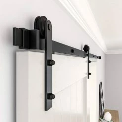 Promo ⭐ WINSOON 6 ft. Frosted Black Strap Sliding Barn Door Track Hardware Kit for Single Wood Door with Non-Routed Floor Guide 🔔 -Premier Lock Sales frosted black winsoon barn door hardware gcm1935 44 1000