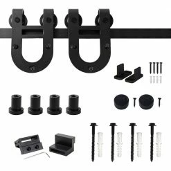 Cheapest π₯° WINSOON 5 ft./60 in. Black Horseshoe Classic Bent Strap Barn Style Sliding Door Track and Hardware Set Non-Routed Door Guide π₯°