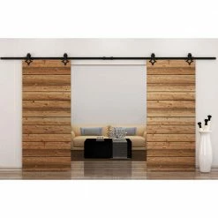 Best Pirce 🧨 WINSOON 5 ft./60 in. Rail Frosted Black Steel Sliding Barn Door Hardware Kit for Double Doors with Non-Routed Floor Guide 👏 -Premier Lock Sales frosted black winsoon barn door hardware gcm2673 4f 1000