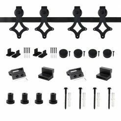 Best Pirce 𧨠WINSOON 5 ft./60 in. Rail Frosted Black Steel Sliding Barn Door Hardware Kit for Double Doors with Non-Routed Floor Guide π