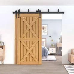 Flash Sale 😍 WINSOON 6.6 ft./79 in. Country Style Bypass Steel Sliding Barn Wood Door Hardware Roller Track Kit for Wood and Concrete Wall 🛒 -Premier Lock Sales frosted black winsoon barn door hardware gcm2787 1 1f 1000