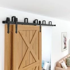 Buy 😍 WINSOON 8 ft./96 in. Country Style Bypass Steel Sliding Barn Wood Door Hardware Roller Track Kit for Wood and Concrete Wall 👍 -Premier Lock Sales frosted black winsoon barn door hardware gcm2789 44 1000