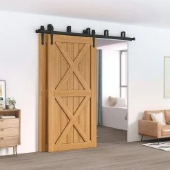 Buy 😍 WINSOON 8 ft./96 in. Country Style Bypass Steel Sliding Barn Wood Door Hardware Roller Track Kit for Wood and Concrete Wall 👍 -Premier Lock Sales frosted black winsoon barn door hardware gcm2789 4f 1000