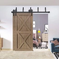 Hot Sale 👏 WINSOON 12 ft./144 in. Black Sliding Bypass Barn Door Hardware Track Kit for Double Doors with Non-Routed Floor Guide 🧨 -Premier Lock Sales frosted black winsoon barn door hardware gcm3205 1f 1000