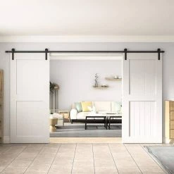 Outlet 🔔 WINSOON 11 ft./132 in. Frosted Black Strap Sliding Barn Door Track Hardware Kit for Double Wood Doors Non-Routed Floor Guide 🥰 10 Outlet 🔔 WINSOON 11 ft./132 in. Frosted Black Strap Sliding Barn Door Track Hardware Kit for Double Wood Doors Non-Routed Floor Guide 🥰 -Premier Lock Sales frosted black winsoon barn door hardware gcm3737 1f 1000