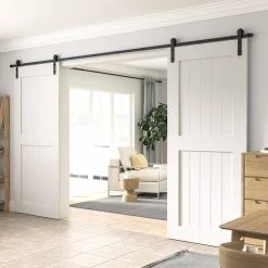 Outlet 🔔 WINSOON 11 ft./132 in. Frosted Black Strap Sliding Barn Door Track Hardware Kit for Double Wood Doors Non-Routed Floor Guide 🥰 9 Outlet 🔔 WINSOON 11 ft./132 in. Frosted Black Strap Sliding Barn Door Track Hardware Kit for Double Wood Doors Non-Routed Floor Guide 🥰 -Premier Lock Sales frosted black winsoon barn door hardware gcm3737 4f 1000