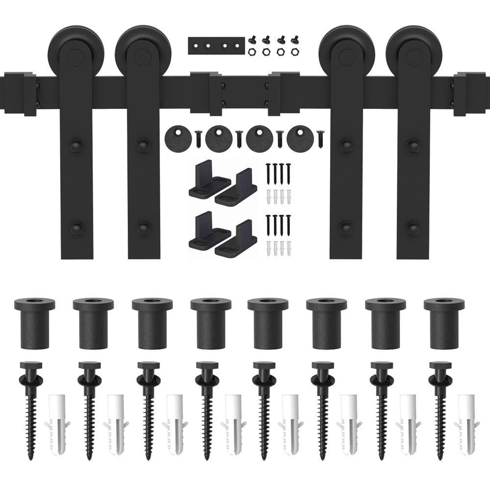 Outlet 🔔 WINSOON 11 ft./132 in. Frosted Black Strap Sliding Barn Door Track Hardware Kit for Double Wood Doors Non-Routed Floor Guide 🥰 1 Outlet 🔔 WINSOON 11 ft./132 in. Frosted Black Strap Sliding Barn Door Track Hardware Kit for Double Wood Doors Non-Routed Floor Guide 🥰