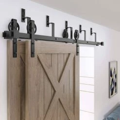 Flash Sale 😉 WINSOON 9 ft./108 in. Black Sliding Bypass Barn Door Hardware Track Kit for Double Doors with Non-Routed Floor Guide ✔️ -Premier Lock Sales frosted black winsoon barn door hardware gcm3893 44 1000