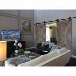 Promo 🧨 WINSOON 4 ft./48 in. Rail Frosted Black Steel Sliding Barn Door Hardware Kit for Double Doors with Non-Routed Floor Guide 👏 -Premier Lock Sales frosted black winsoon barn door hardware gcm4032 4f 1000