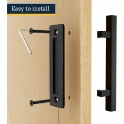 Discount 😍 WINSOON 12 in. L Black Powder 🧥 Coated Finish Pull and Flush Barn Door Handle Set, Large Rustic Two-Side Design 🛒 -Premier Lock Sales frosted black winsoon barn door hardware gcm6005 4f 1000