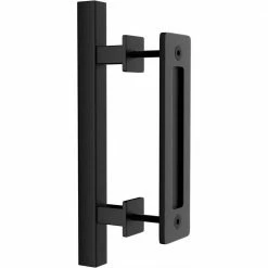 Discount 😍 WINSOON 12 in. L Black Powder 🧥 Coated Finish Pull and Flush Barn Door Handle Set, Large Rustic Two-Side Design 🛒