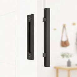 Discount 😍 WINSOON 12 in. L Black Powder 🧥 Coated Finish Pull and Flush Barn Door Handle Set, Large Rustic Two-Side Design 🛒 -Premier Lock Sales frosted black winsoon barn door hardware gcm6005 76 1000