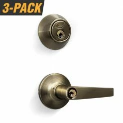Flash Sale 🎉 Premier Lock Antique Brass Entry Lock Set Door Lever Handle and Deadbolt Keyed Alike KW1 Keyway. 12 Total Keys, Keyed Alike by Set ⌛