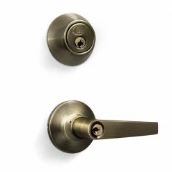 Budget π Premier Lock Antique Brass Entry Lock Set Door Lever Handle and Deadbolt Keyed Alike SC1 Keyway. 48 Total Keys, Keyed Alike by Set π